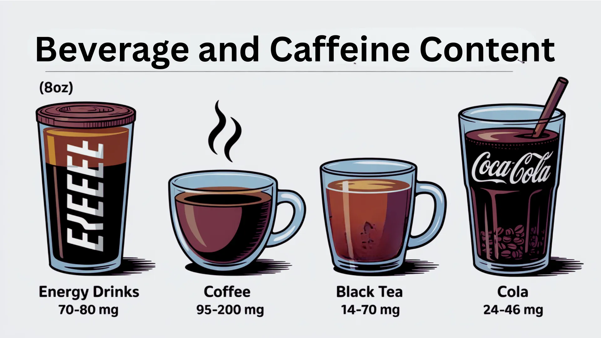 Caffeine comparison chart between energy drinks, coffee, tea, and cola.