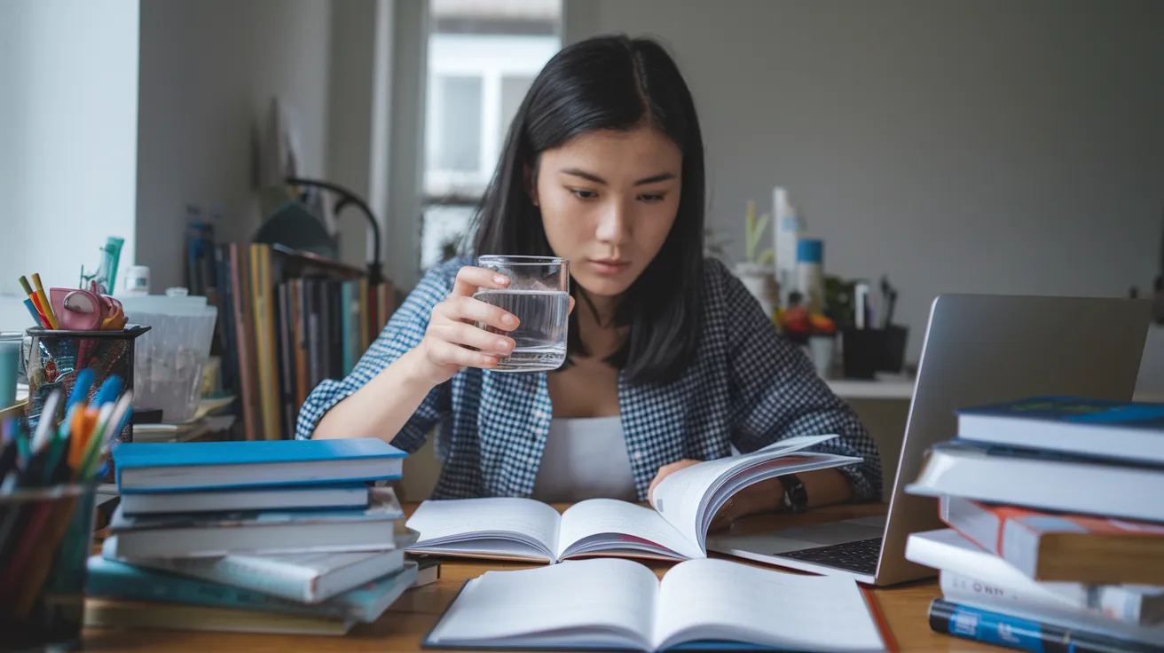 a focused person sitting at a desk, surrounded by books and a laptop, holding a glass of water while studying. Emphasizing the importance of hydration for mental clarity and productivity.