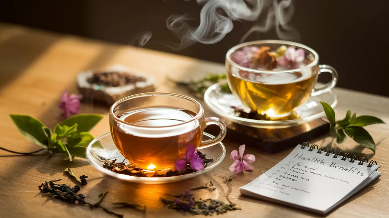 two steaming cups, one containing green tea and the other herbal tea, side by side. A variety of tea leaves, herbs, and flowers are scattered around the cups. A small notepad with health benefits listed is visible next to the cups.