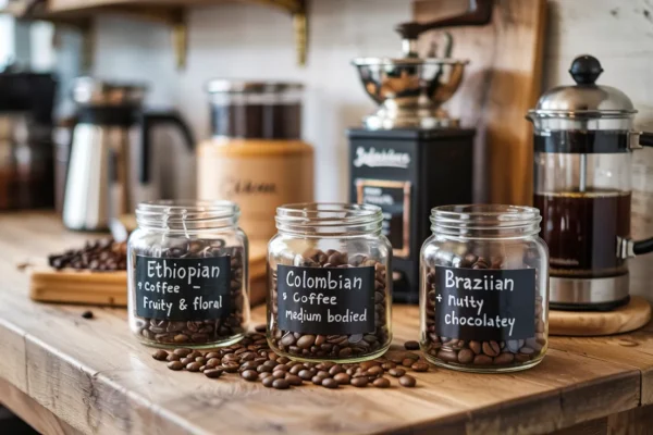 A rustic kitchen counter with glass jars filled with coffee beans, each labeled by roast type and origin. A manual grinder and a French press sit beside them. The setting feels warm and practical, emphasizing the idea of building your own coffee station at home