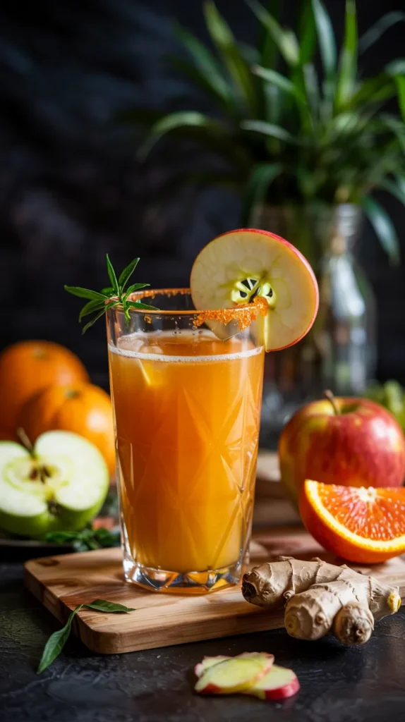 A glowing orange juice in a tall glass, garnished with a thin apple slice and grated ginger on the rim.