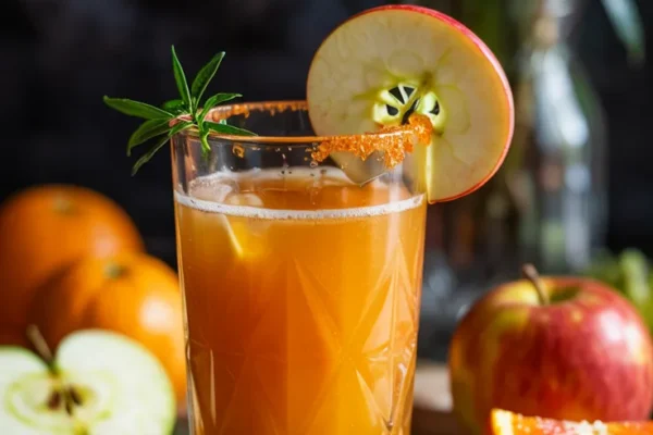 A glowing orange juice in a tall glass, garnished with a thin apple slice and grated ginger on the rim.