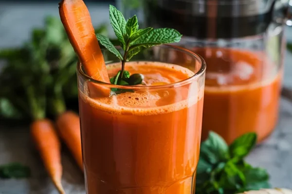 A vibrant orange drink served in a tall glass with a frothy top, garnished with a thin carrot stick and fresh mint. A juicer and fresh ginger root sit beside the glass.
