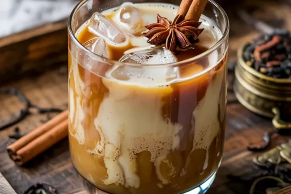 A glass tumbler with layers of golden chai and creamy milk over ice, garnished with a cinnamon stick and star anise, sitting on a wooden tray with scattered tea leaves nearby.
