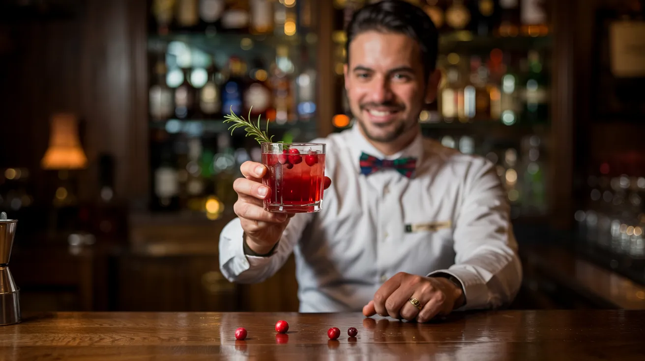 Bartender holding up a cranberry cocktail in cheers with fresh cranberries and a bar counter in view.