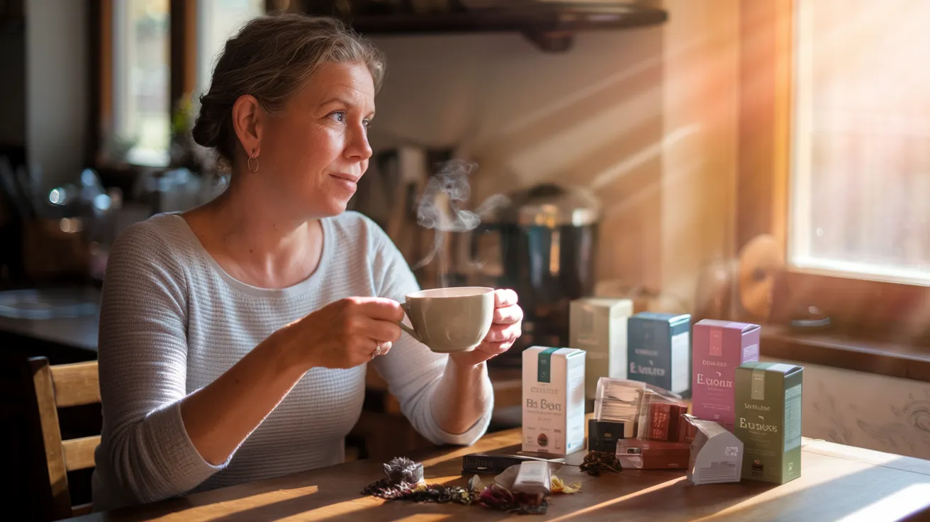 a thoughtful person sitting in kitchen, with an assortment of tea boxes and loose leaf teas spread out before her