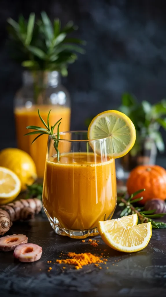 A golden-orange detox juice in a clear glass, garnished with a lemon wheel and a sprinkle of turmeric on top.