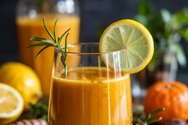A golden-orange detox juice in a clear glass, garnished with a lemon wheel and a sprinkle of turmeric on top.