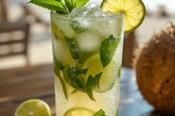 A frosted short glass filled with mint leaves, lime wheels, and bubbly coconut mojito, set on a tropical wooden table with a blurred beach in the background.