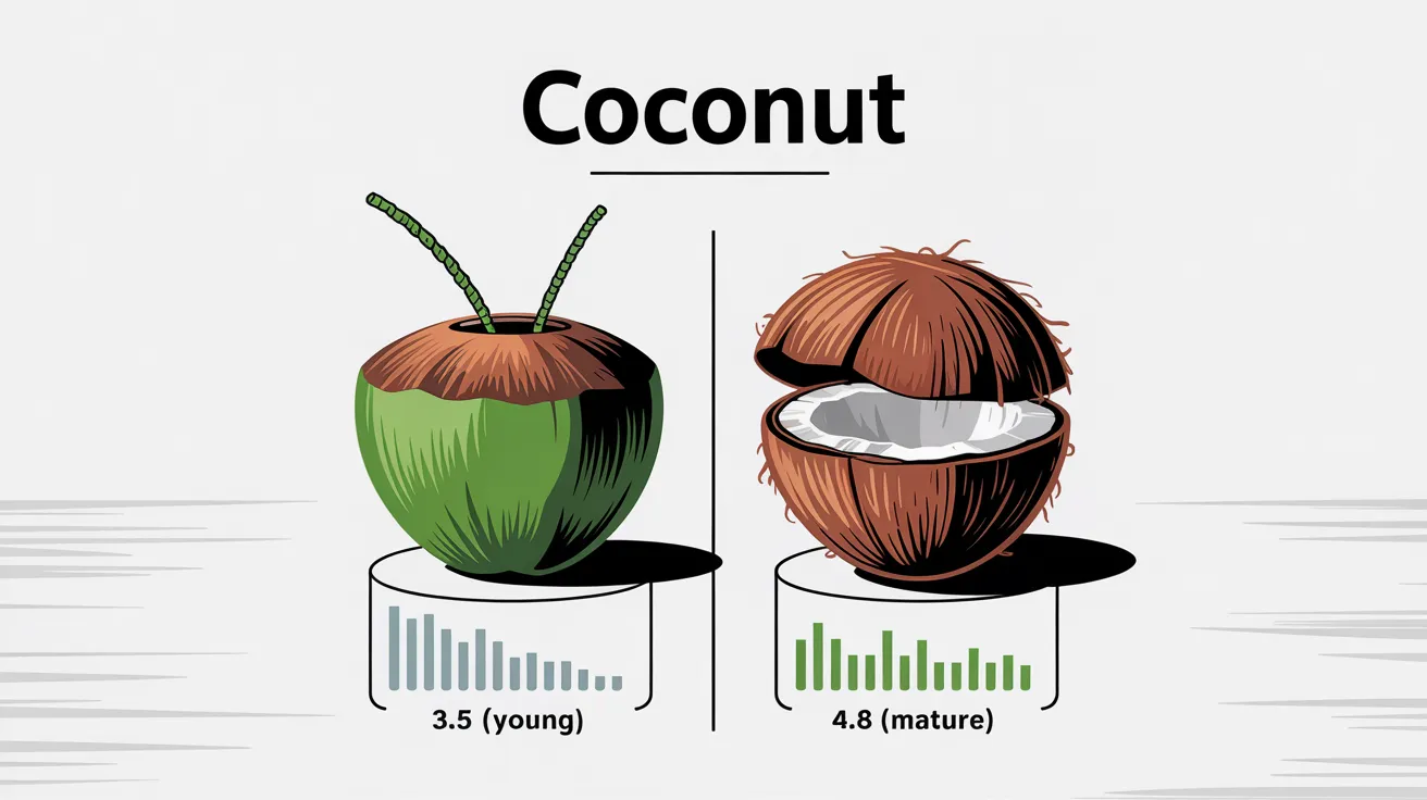 A scientific chart or graphical representation showing different coconut maturity stages (young vs mature) and corresponding pH values