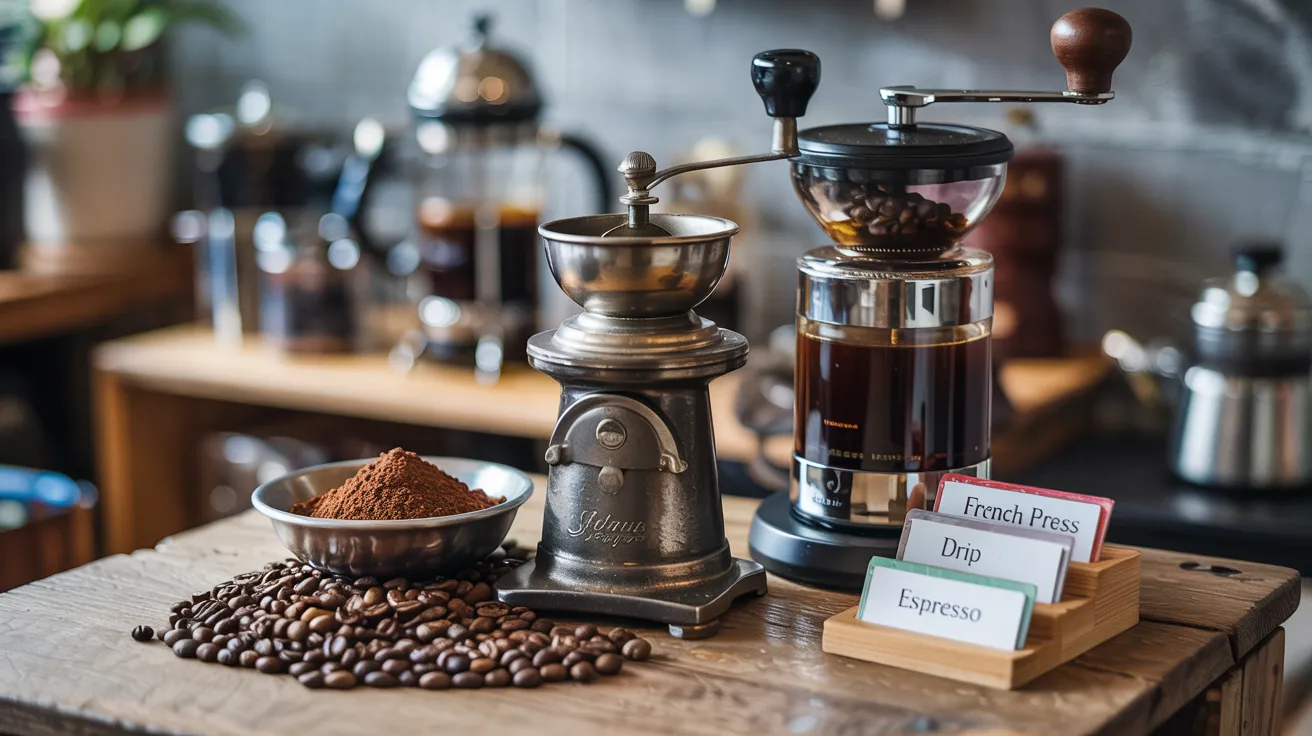 coffee setup that includes a manual hand grinder, a burr grinder, and a small pile of freshly ground coffee beside whole beans