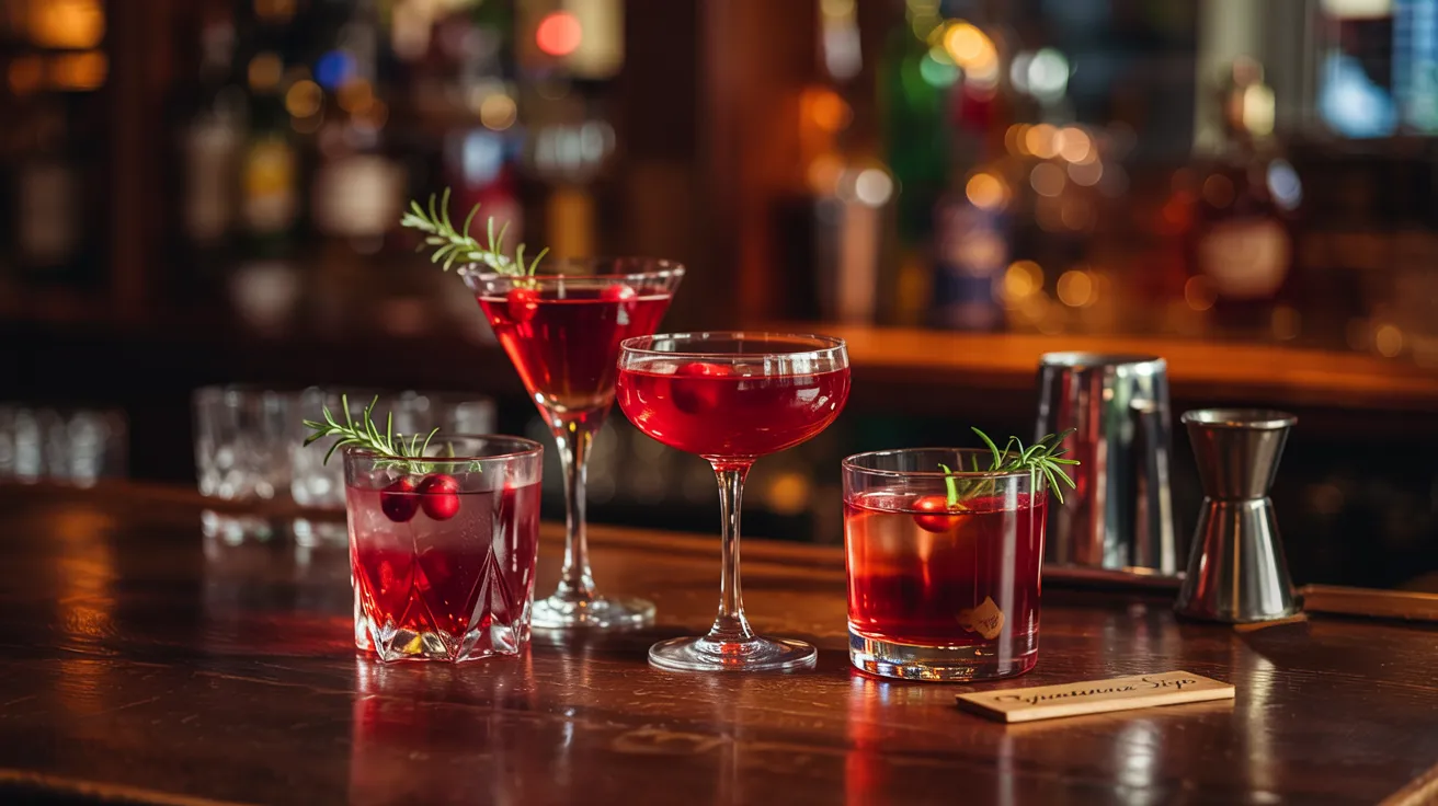Layered cranberry cocktails with vibrant red hues served in unique glassware at a high-end bar.