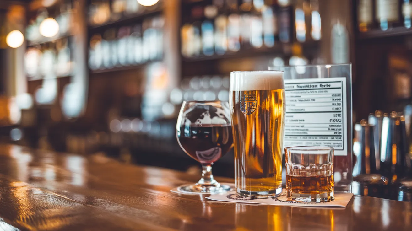a bar counter with three different types of alcoholic beverages: a glass of beer, a glass of red wine, and a shot of whiskey, arranged side by side. Include a nutrition facts label partially visible behind the drinks, suggesting a comparison of their health effects. The background should be slightly blurred, showing shelves of various alcohol bottles
