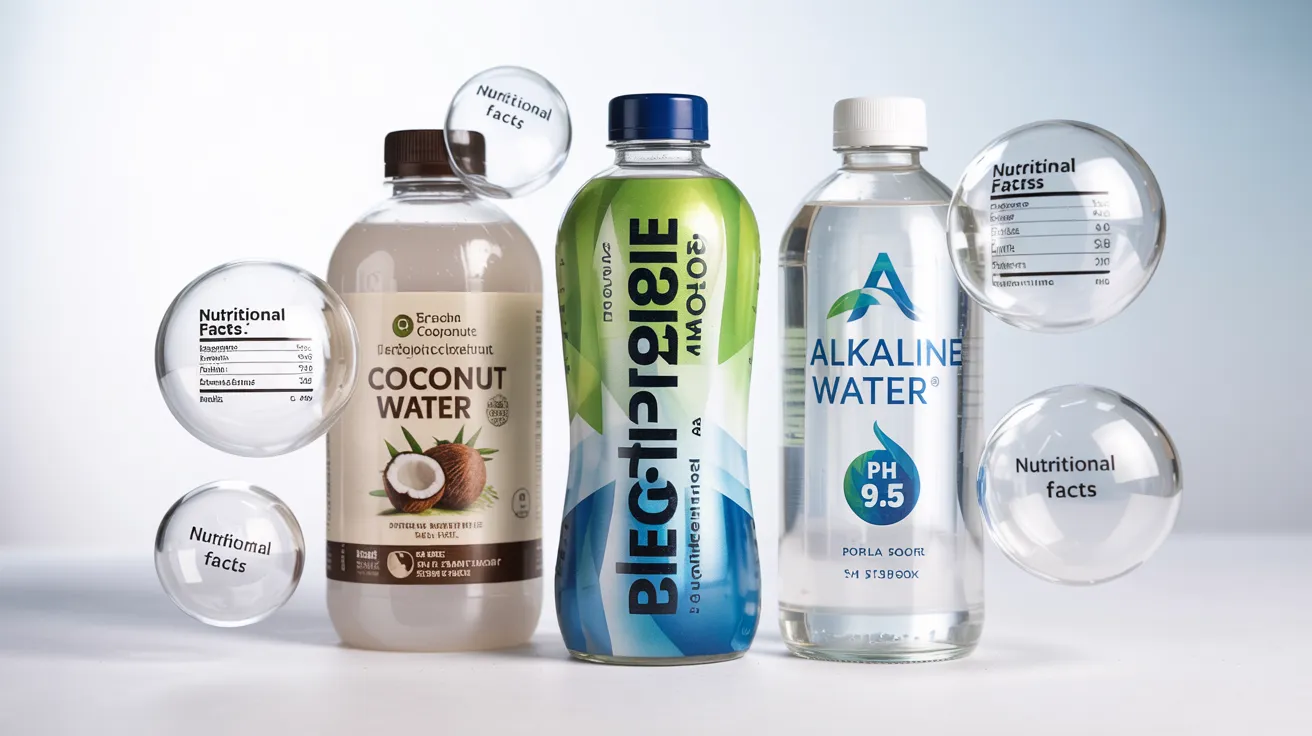 A side-by-side comparison: coconut water, a sports drink, and a bottle of alkaline water