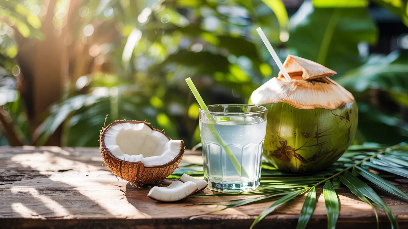 a glass of coconut water on a natural wood table, with a slice of coconut beside it and sunlight streaming through tropical leaves