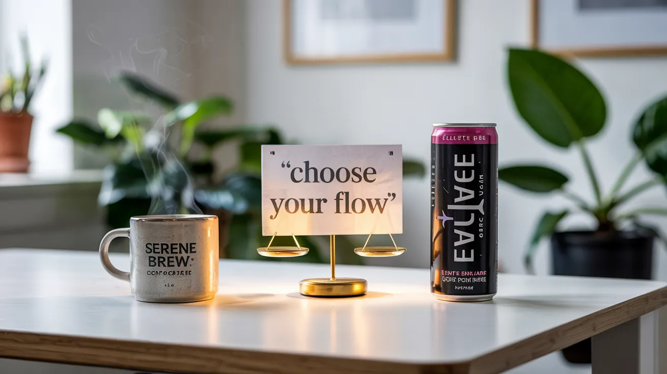 A peaceful, well-lit workspace with a person sitting calmly at a desk. On one side of the desk is a can of energy drink, and on the other side is a cup of freshly brewed coffee. A small sign in the middle reads “Choose Wisely” or displays a balanced scale symbolizing the pros and cons of each option. The background is neutral and serene, symbolizing thoughtful decision-making and moderation.