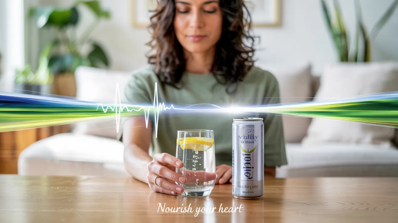 A calm and healthy lifestyle scene featuring a person choosing green tea or water over a can of energy drink. The energy drink is left unopened on a table, while the individual reaches for a glass of lemon water or herbal tea in a peaceful home setting. In the background, subtle elements like a heartbeat monitor line fading into the distance and natural lighting can symbolize clarity, wellness, and smart choices for heart health