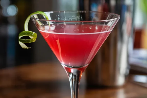 cosmopolitan cocktail that includes vodka, cranberry juice and other ingredients
