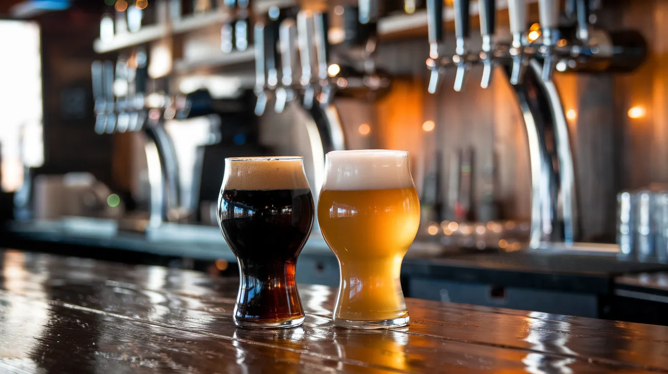a bar counter with two beer glasses side by side, one filled with a dark, rich ale and the other with a light, crisp lager, both with frothy heads, surrounded by assorted craft beer bottles and taps