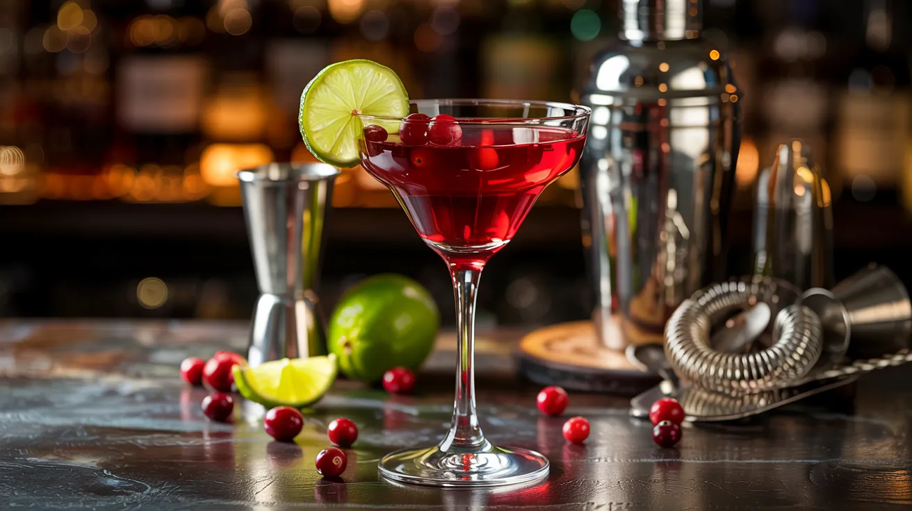 Bright cranberry juice cocktail in a martini glass with lime, fresh cranberries, and bar tools in the background.