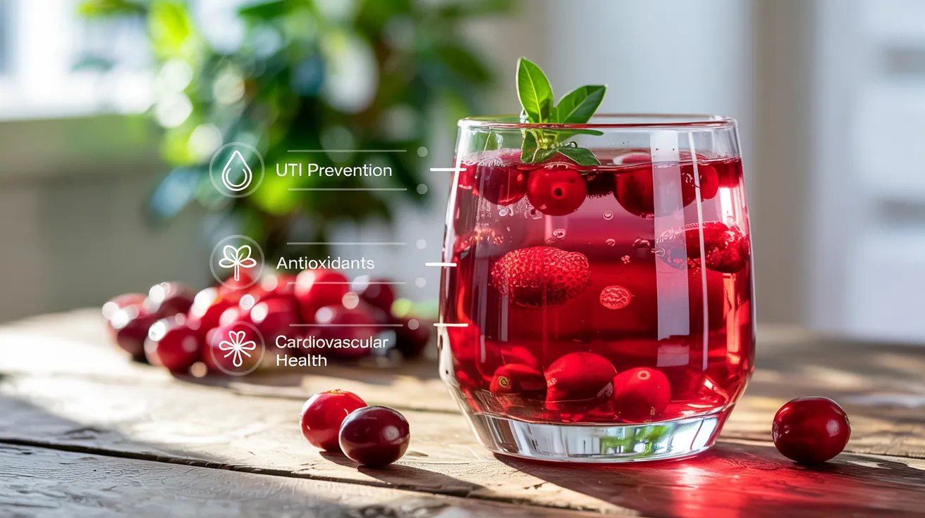 Infographic showing cranberry juice health benefits such as UTI prevention, antioxidants, and cardiovascular health.