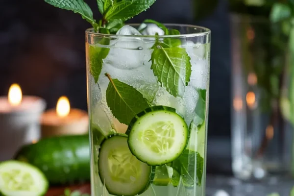 A highball glass with a refreshing pale green drink, floating cucumber slices, and mint leaves. Condensation beads down the glass as crushed ice and herbs add a cool, spa-like aesthetic.