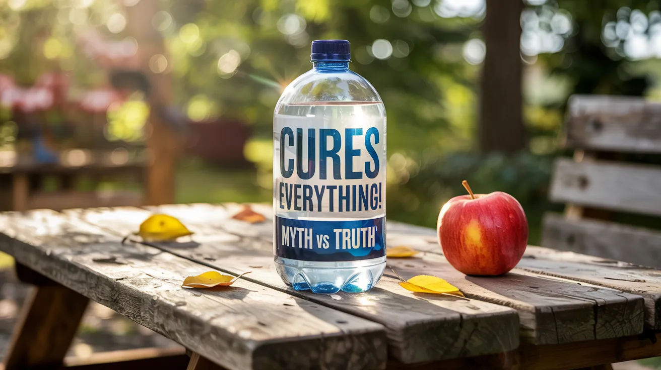 A playful image: coconut water bottle labeled with exaggerated claims