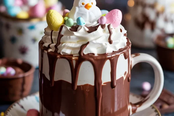 A cozy mug filled with rich chocolate, overflowing with whipped cream and pastel-colored chocolate eggs. A drizzle of melted chocolate cascades over the rim with a marshmallow chick on top.