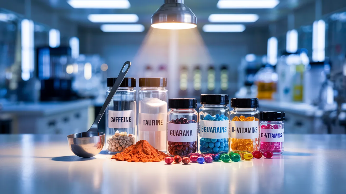 Image of common energy drink ingredients with labels (caffeine, taurine, guarana, B-vitamins). 
