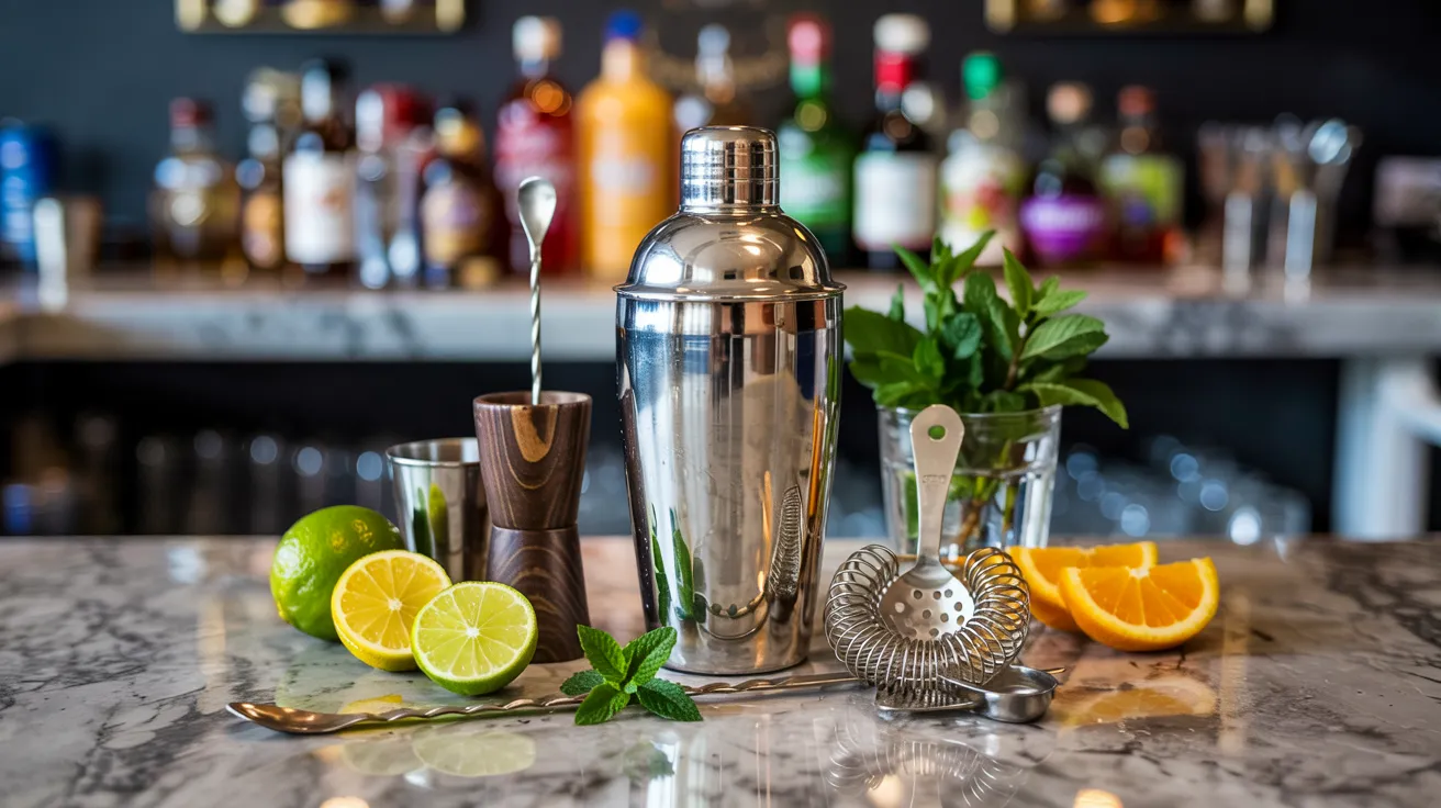 mocktail bar tools like a shaker, muddler, fine mesh strainer, and bar spoon