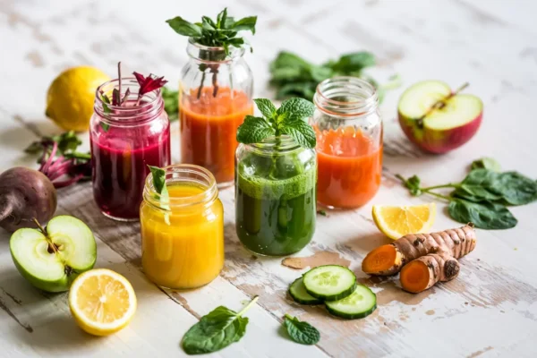A bright, refreshing flat lay featuring five vibrant detox juices in clear glasses or jars, each with distinct colors—deep red beetroot, golden orange carrot-ginger, sunny yellow citrus turmeric, green detox, and light pineapple mint