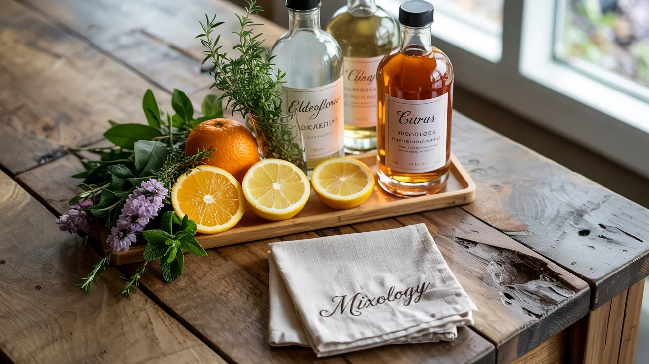 flat lay of herbs, citrus slices, and various flavored syrups