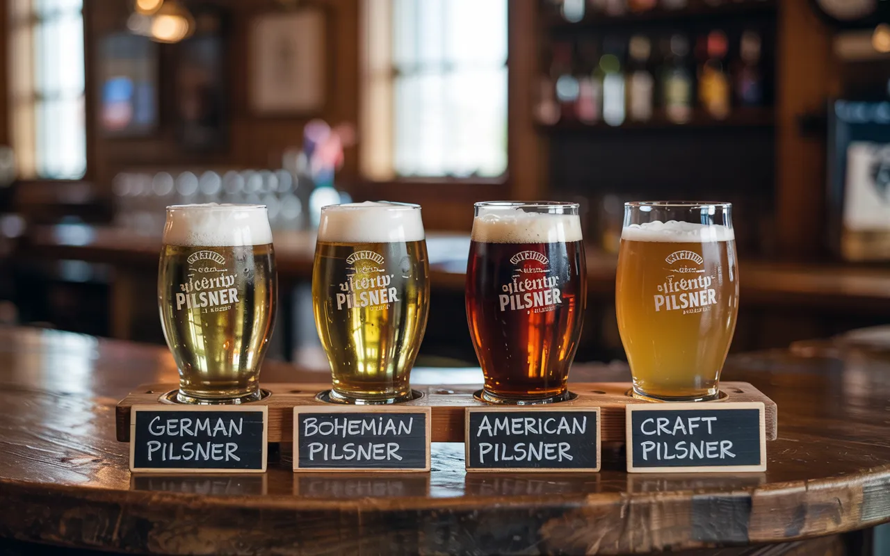A four-glass lineup comparing German, Bohemian, American, and Craft pilsners—each labeled, varying in color and foam, with tasting notes shown beneath.