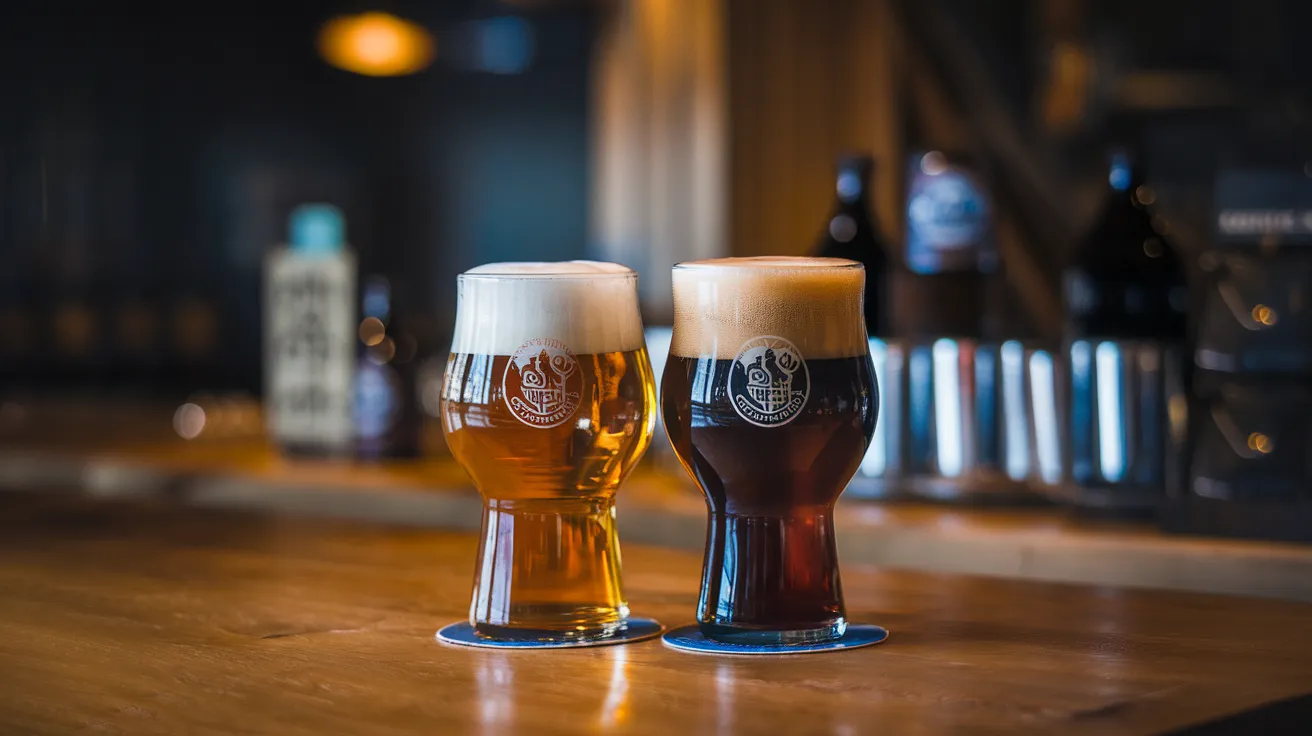 a bar counter with two glasses of beer side by side, one filled with a golden ale and the other with a darker lager, both with frothy heads