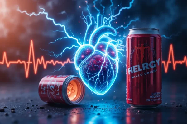 A human heart glowing with energy bolts, next to an energy drink can, symbolizing the impact of stimulants on the cardiovascular system.