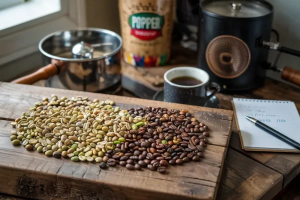 aw green coffee beans next to roasted beans