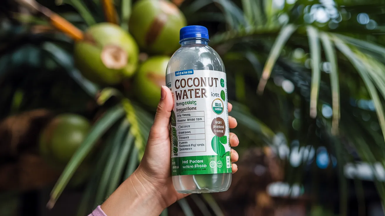 a hand holding a coconut water bottle, carefully inspecting the label for ingredients and certifications