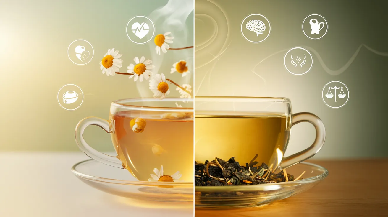 a split-screen comparison showing herbal tea and green tea, with various health icons floating above each side. On the left, a steaming cup of herbal tea with chamomile flowers, and on the right, a cup of green tea with loose leaves. Health icons include a heart, brain, stomach, and weight scale.