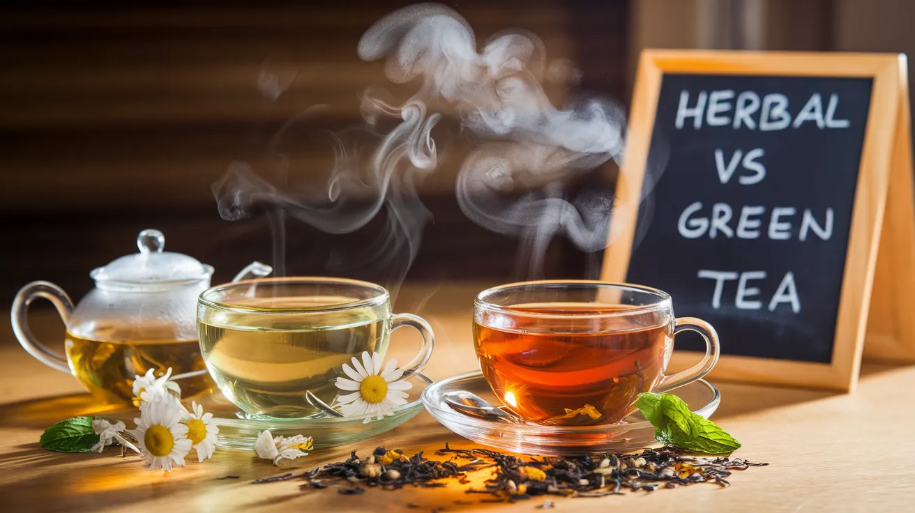 a wooden table with two steaming cups, one filled with light green tea and the other with a reddish herbal tea, surrounded by loose tea leaves, a small teapot, and various herbs like chamomile flowers and mint leaves