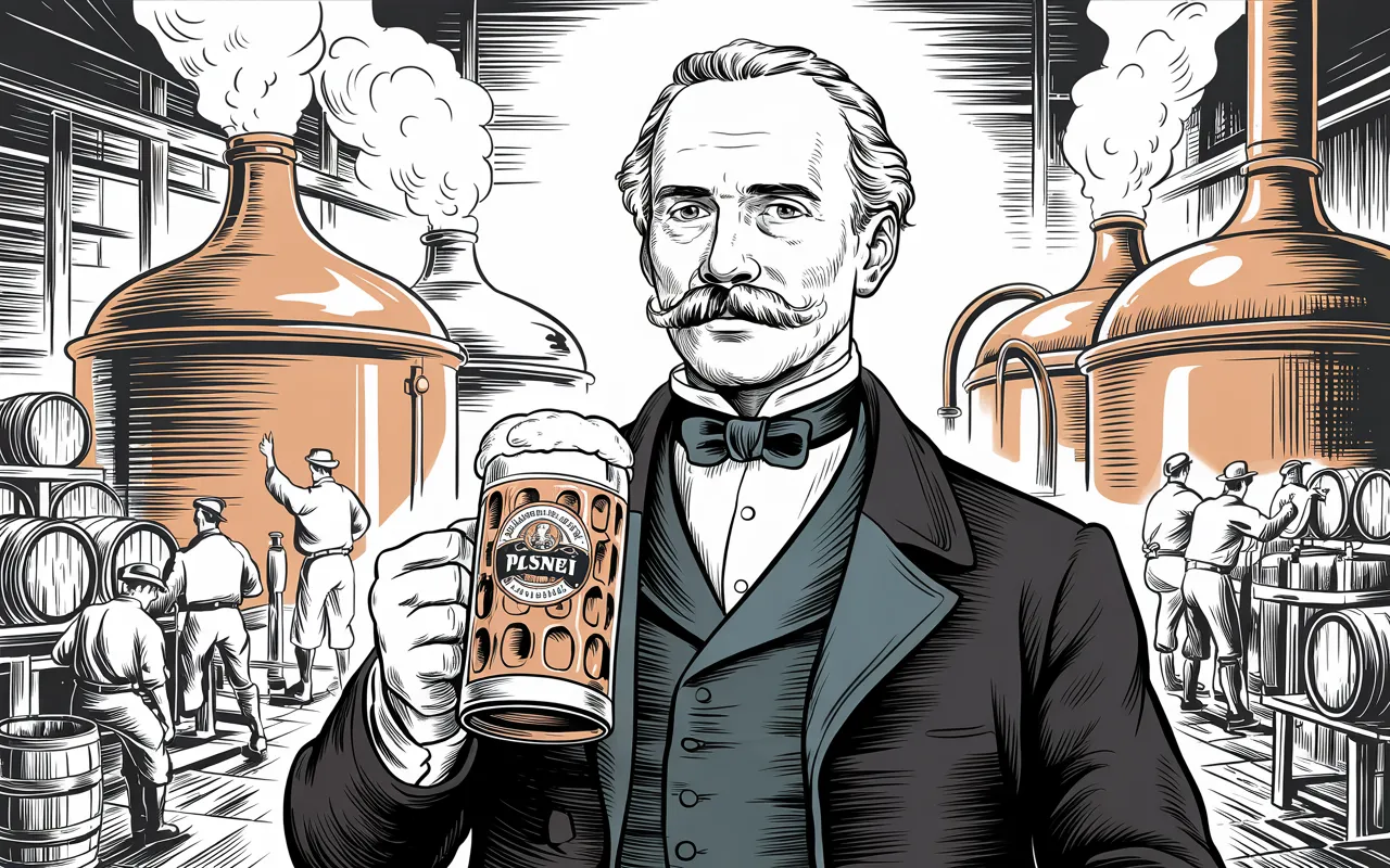 A historical illustration of 19th-century Plzeň, with Josef Groll holding a beer stein in front of copper brewing kettles, symbolizing the birthplace of Pilsner.