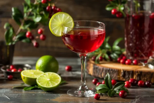 A vibrant cranberry juice cocktail with lime garnish in a martini glass, set against a rustic bar backdrop with fresh cranberries and leaves nearby.