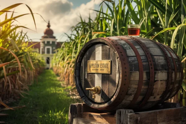 A vintage-style photo showing a Jamaican sugarcane field with a rum barrel in the foreground and a distillery building in the background.