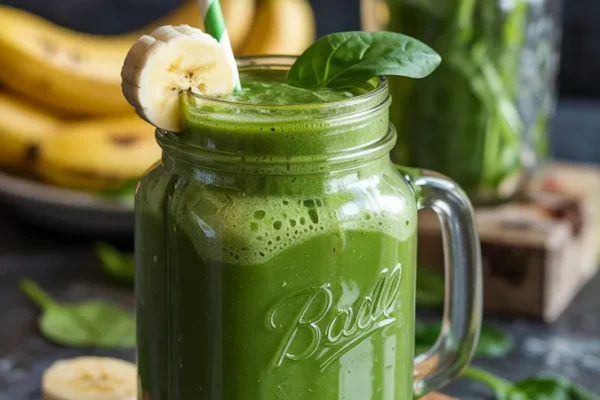 A vibrant green smoothie served in a mason jar with a straw, topped with spinach leaves and banana slices