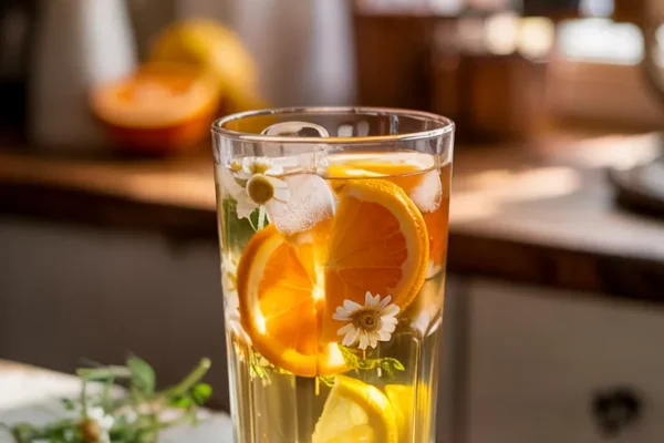 A tall glass of iced chamomile tea with visible orange and lemon slices, ice cubes, and fresh chamomile flowers