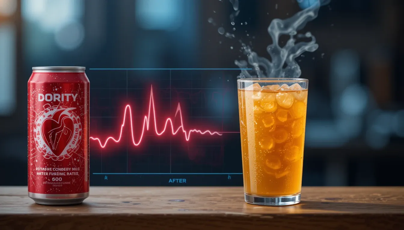 Infographic showing heart rate spikes before and after energy drink consumption. Place under