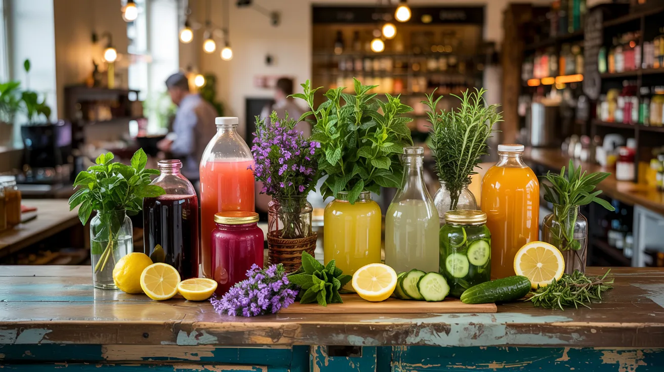 ingredients like kombucha, lemon juice, cucumber juice, and fresh herbs displayed beside syrups and sodas