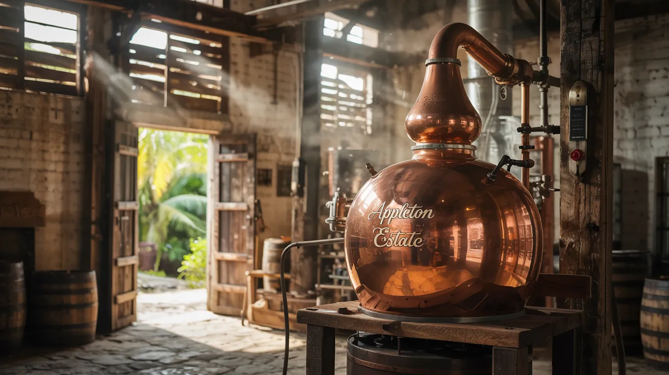 A traditional copper pot still in use inside an old Jamaican distillery with sunbeams streaming through wooden slats