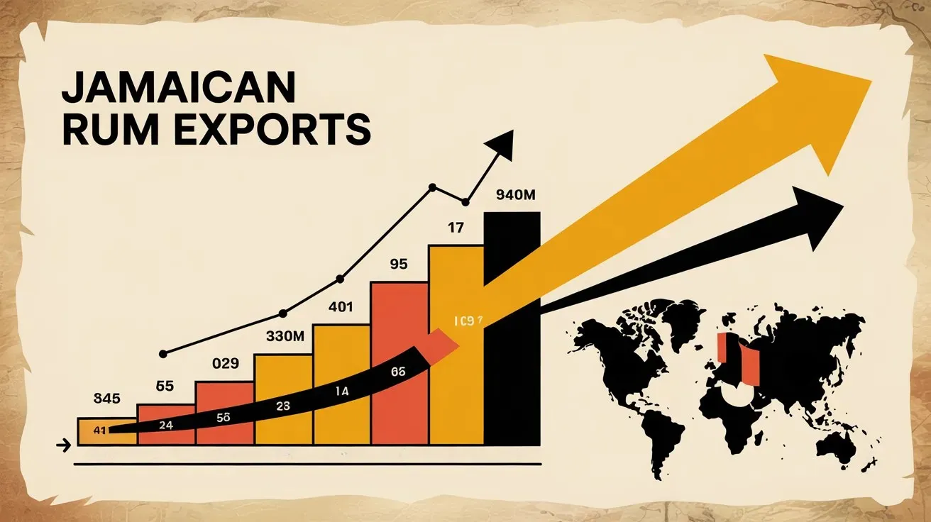 An infographic showing growth of Jamaican rum exports over time with arrows pointing to international markets
