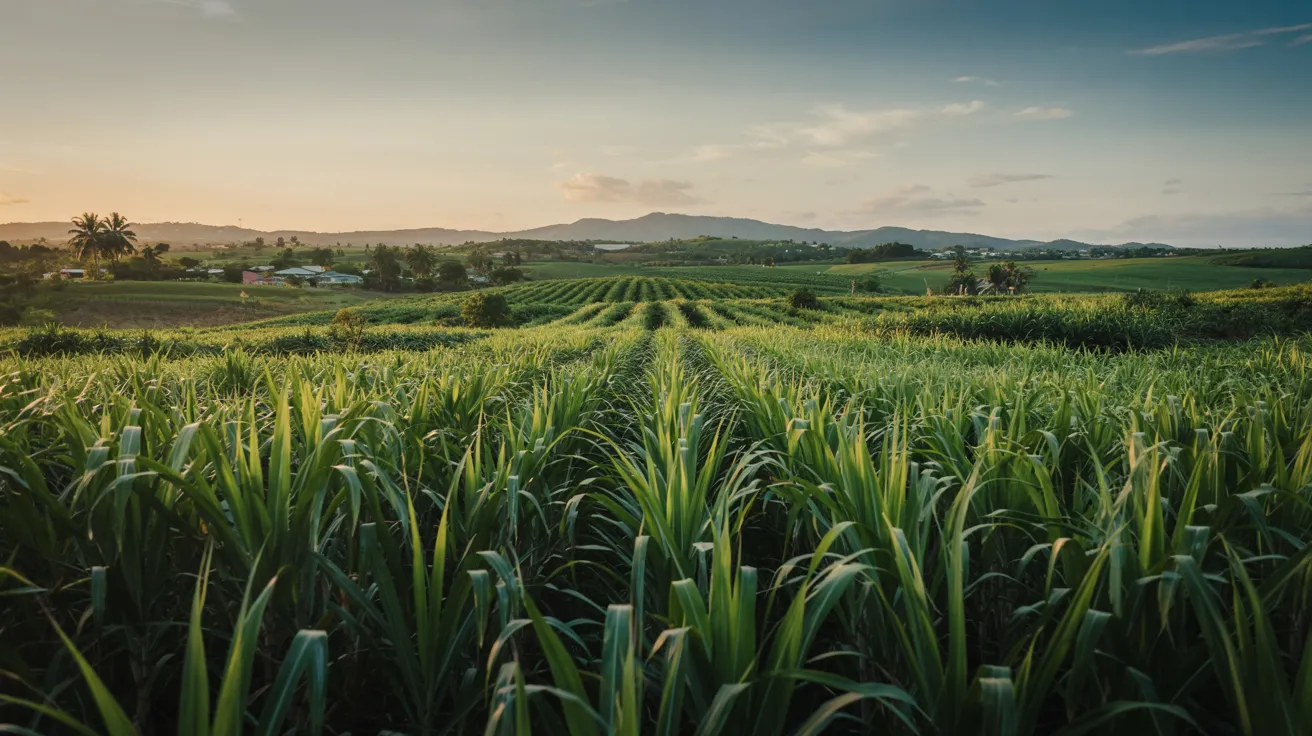 A wide shot of a lush sugarcane plantation in rural Jamaica with blue skies and rolling hills in the distance