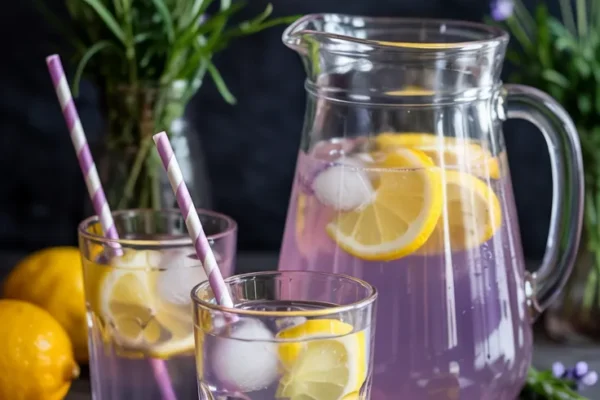 A clear pitcher and glasses filled with pale purple lemonade, garnished with lemon wheels and sprigs of lavender. Ice cubes glisten inside and purple straws complete the springtime vibe.